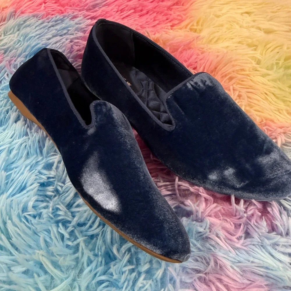 Birdies Starling Loafers Womens 7 Navy Blue Velvet Smoking Slippers‎